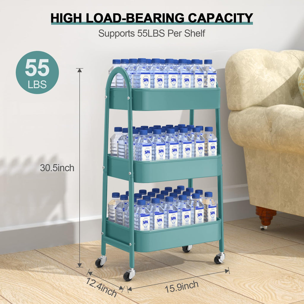 EAGMAK 3 Tier Rolling Cart, Large Metal Storage Cart with Handle and Lockable Wheels, Big Multifunctional Storage Organizer Trolley with Mesh Baskets for Kitchen, Living Room, Office, Garage (Beige)