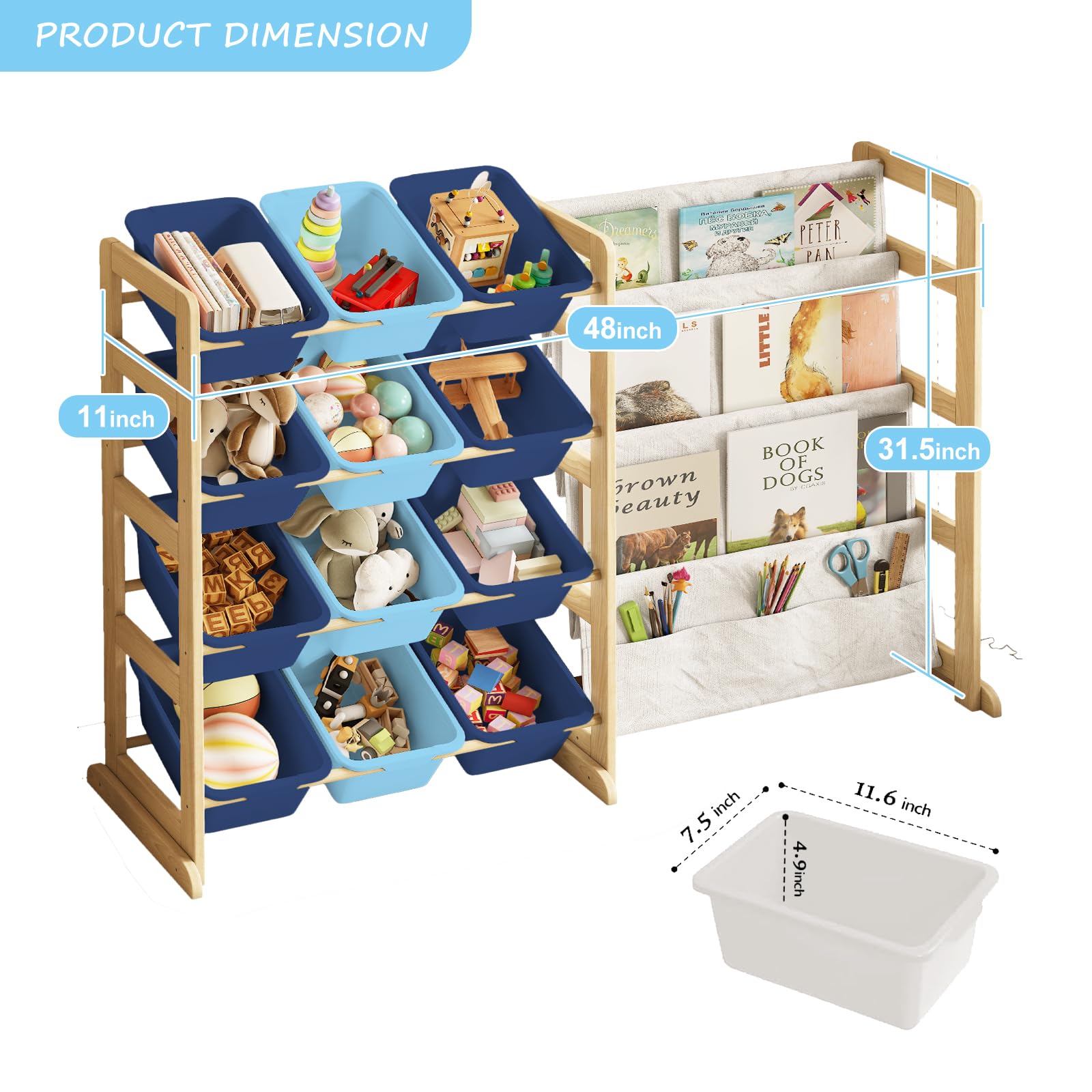 EXPERLAM Toy Storage Organizer with Bookshelf - 12 Storage Bins 4-Tier Multipurpose Shelf to Organize Toys and Books for Kids Room, Playroom, Nursery Room, Blue