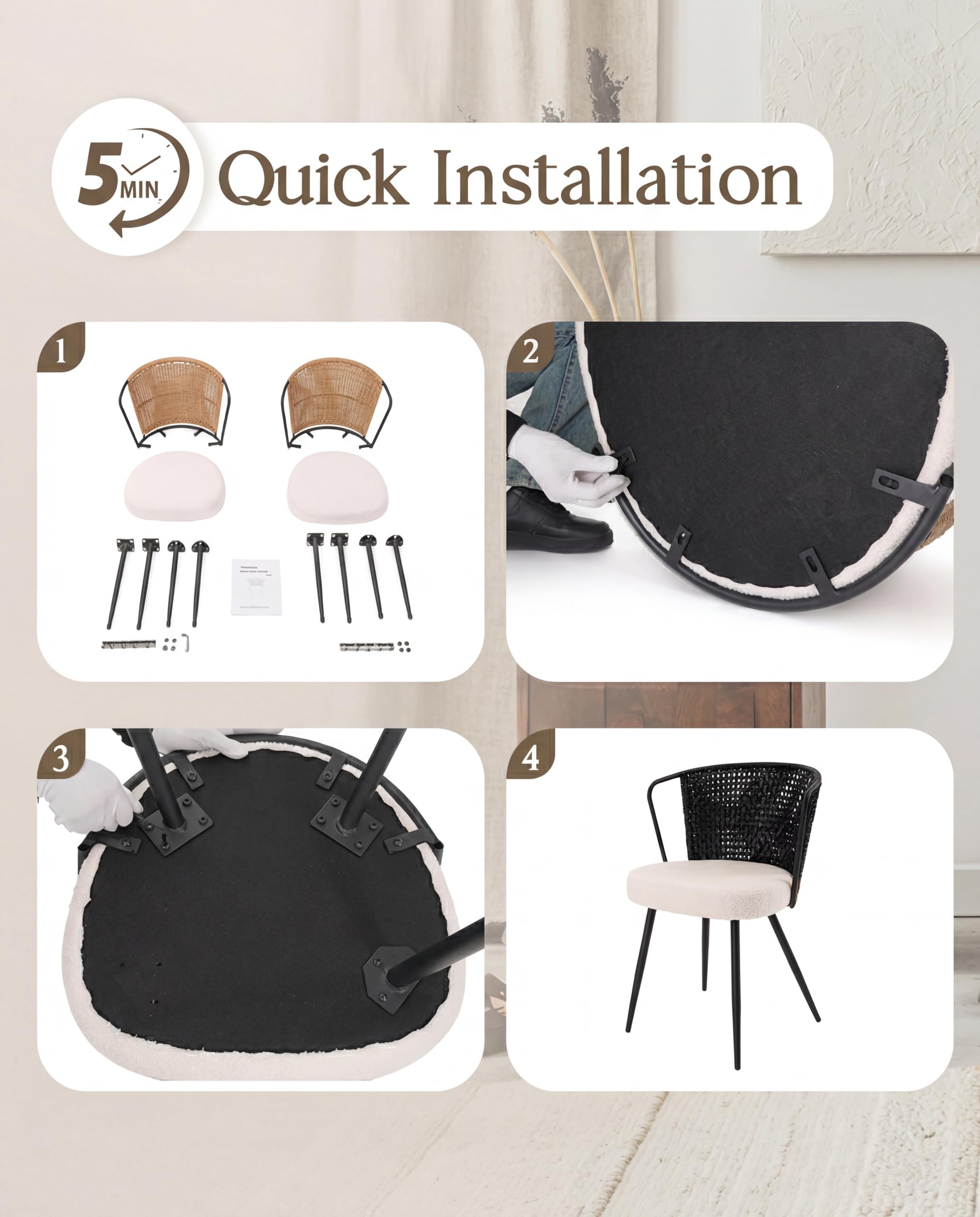 BedsPick Rattan Dining Chairs Set of 2 - Farmhouse Upholstered PE Rattan Kitchen Chair with Boucle Cushion, Wingback Dining Room Seat with Cane Back and Metal Legs for Home, Kitchen (Brown)