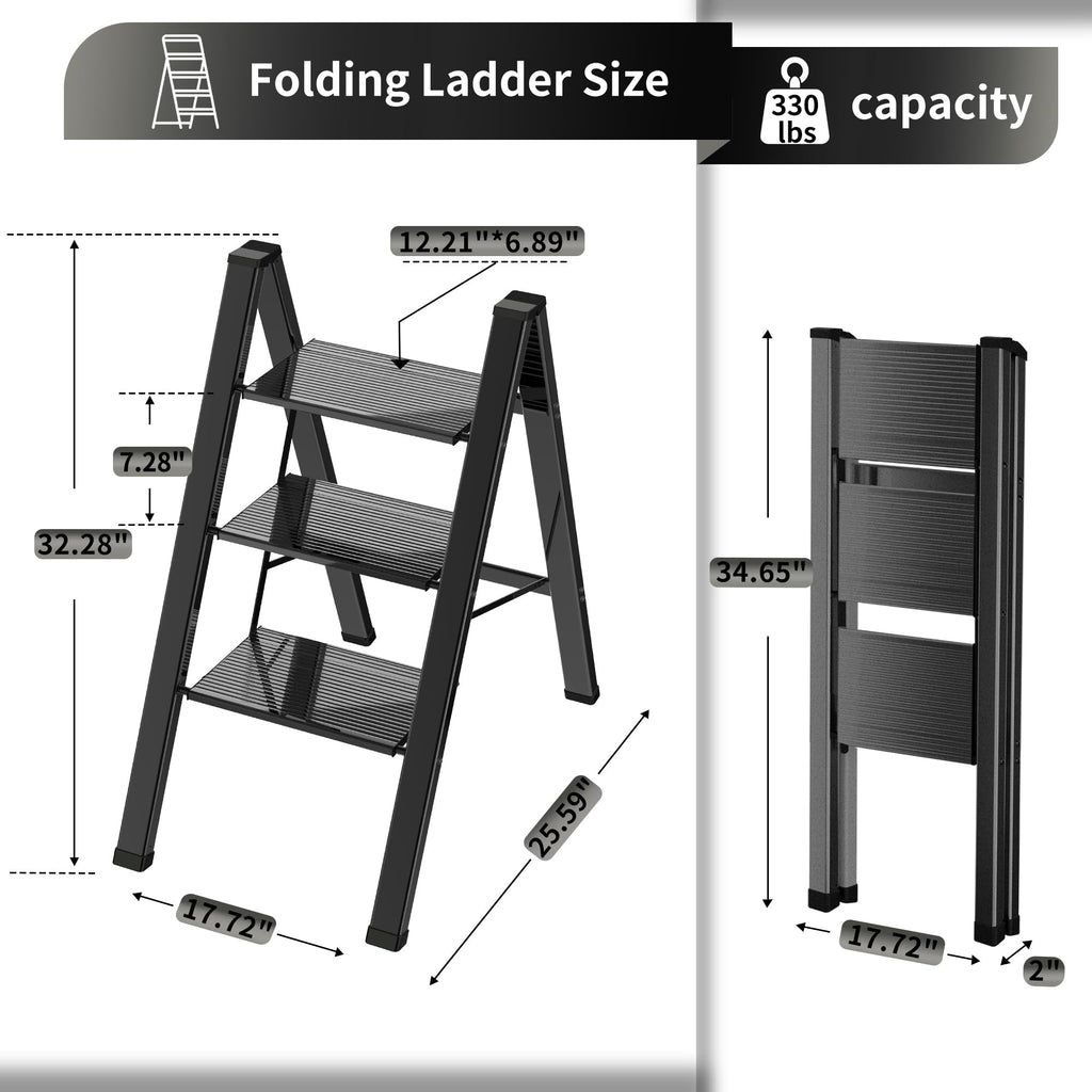 2 Step Lightweight Folding Ladder for Home, 330lbs Aluminum Step Ladder Anti-Slip for Kitchen, Step Stool Foldable Adults for Closet, 330lbs - Black