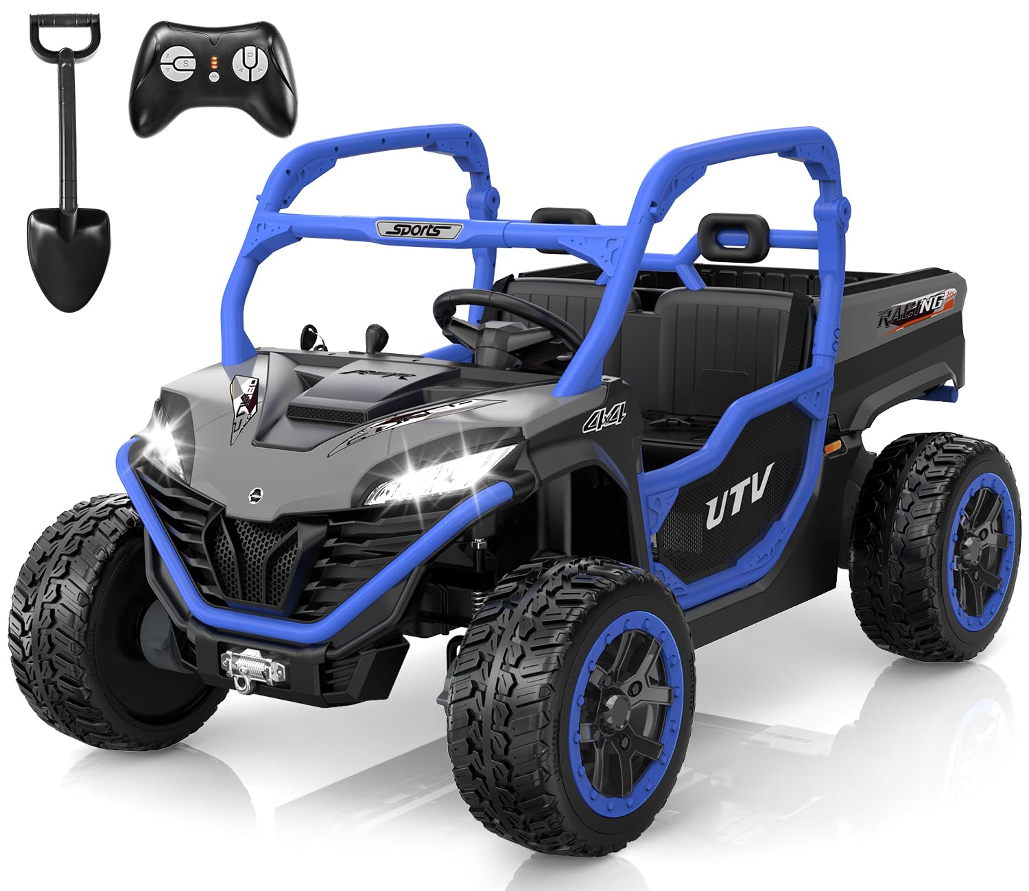 ANPABO 24V 2 Seater Ride On Dump Truck, 4x75W, Max 5 Mph, EVA Tire, Kids Electric Car with Electric Dump Bed, Shovel, Music, Ride on Toy for Big Kids w/Parent Remote Control for Ages 3-8, Blue