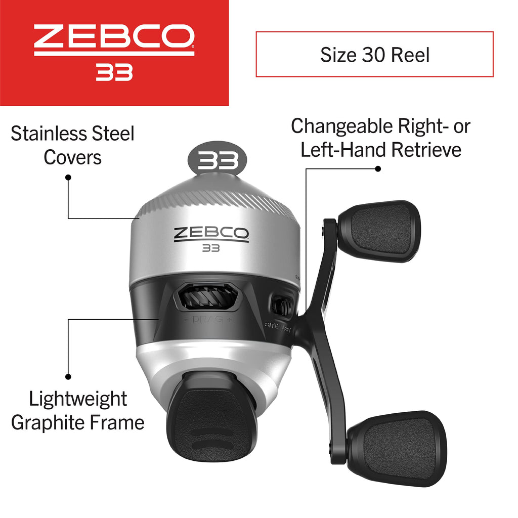Zebco 33 Spincast Fishing Reel, Changeable Right or Left-Hand Retrieve, Built-in Bite Alert, All-Metal Gears, Pre-Spooled with Zebco Cajun Line