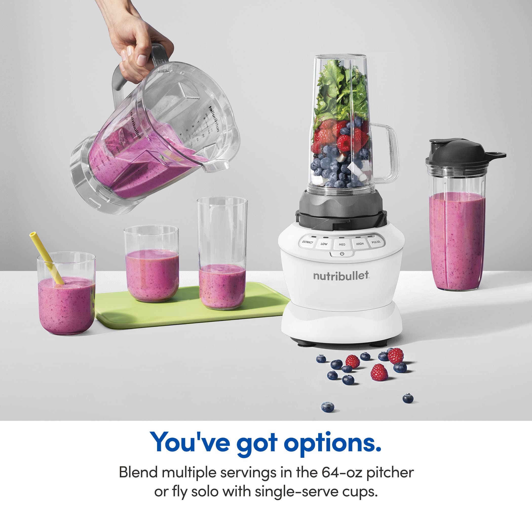 nutribullet Full-Size Blender Combo, Single-Serve & Large Capacity, 1200W, 64oz Pitcher, 32oz Cup, Extractor Blade, 3-Speed, Pulse, Smoothies, Soups, Sauces, Easy Cleaning, Matte Black, NBF50500AK