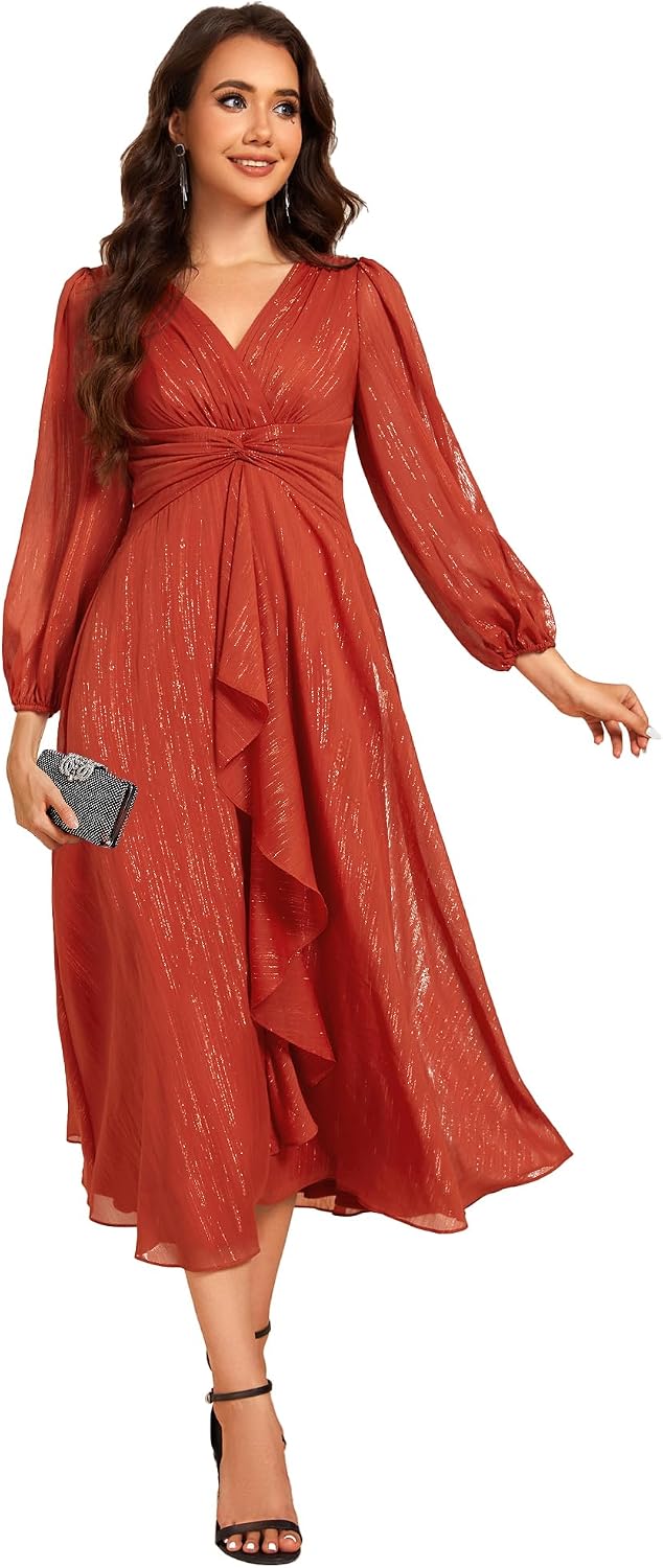 Ever-Pretty Women's Elegant Formal Evening Dress A-Line Ruched V-Neck Long Sleeves Tea-Length Wedding Guest Dresses