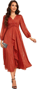 Ever-Pretty Women's Elegant Formal Evening Dress A-Line Ruched V-Neck Long Sleeves Tea-Length Wedding Guest Dresses