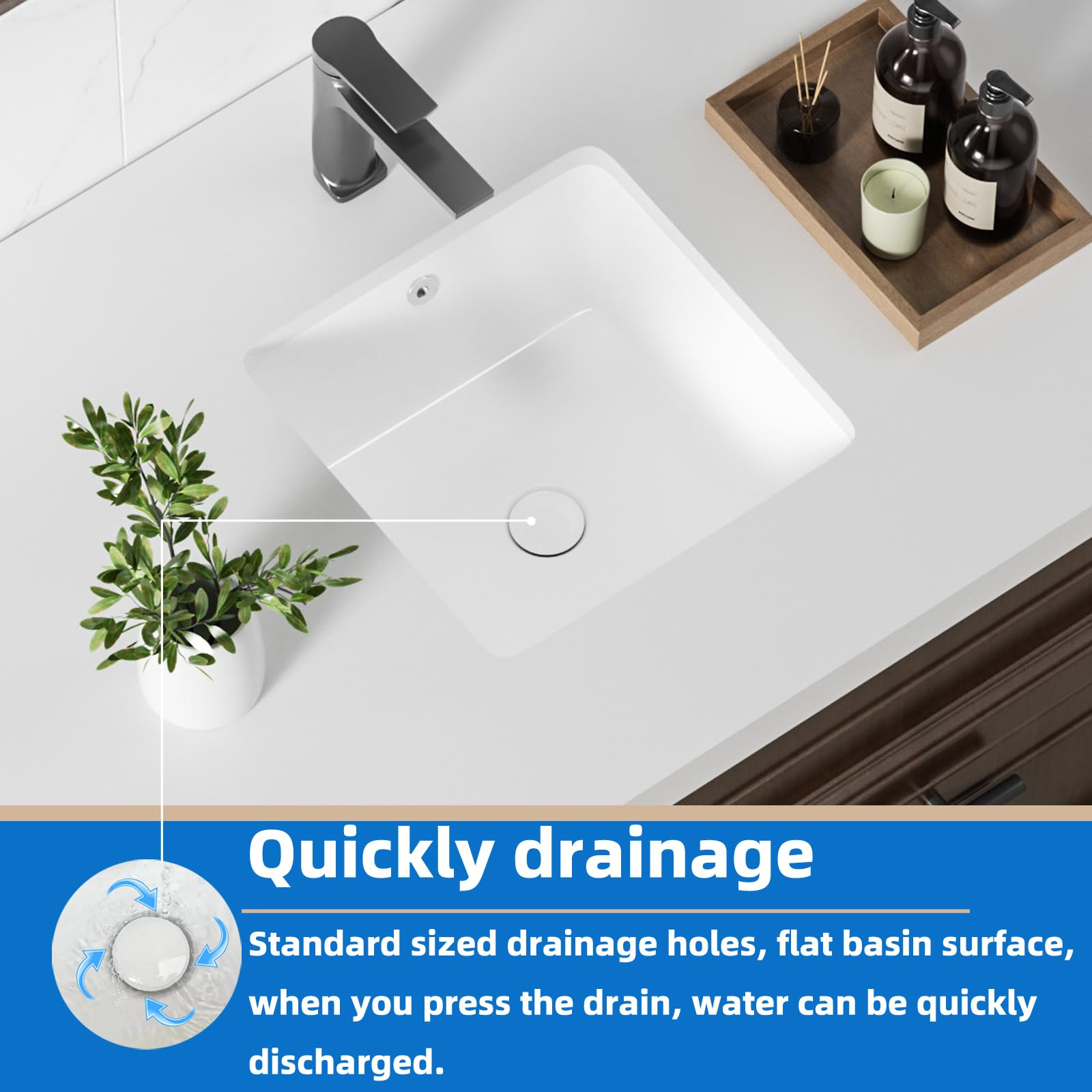 KINGWONG 14 Inch Small Square Undermount Bathroom Sink, 13.75" Ceramic White Porcelain Under Counter Basin for Vanity, Modern Rectangular Sink with Overflow Hole, Easy to Clean, Interior 11.5" x 11.5"