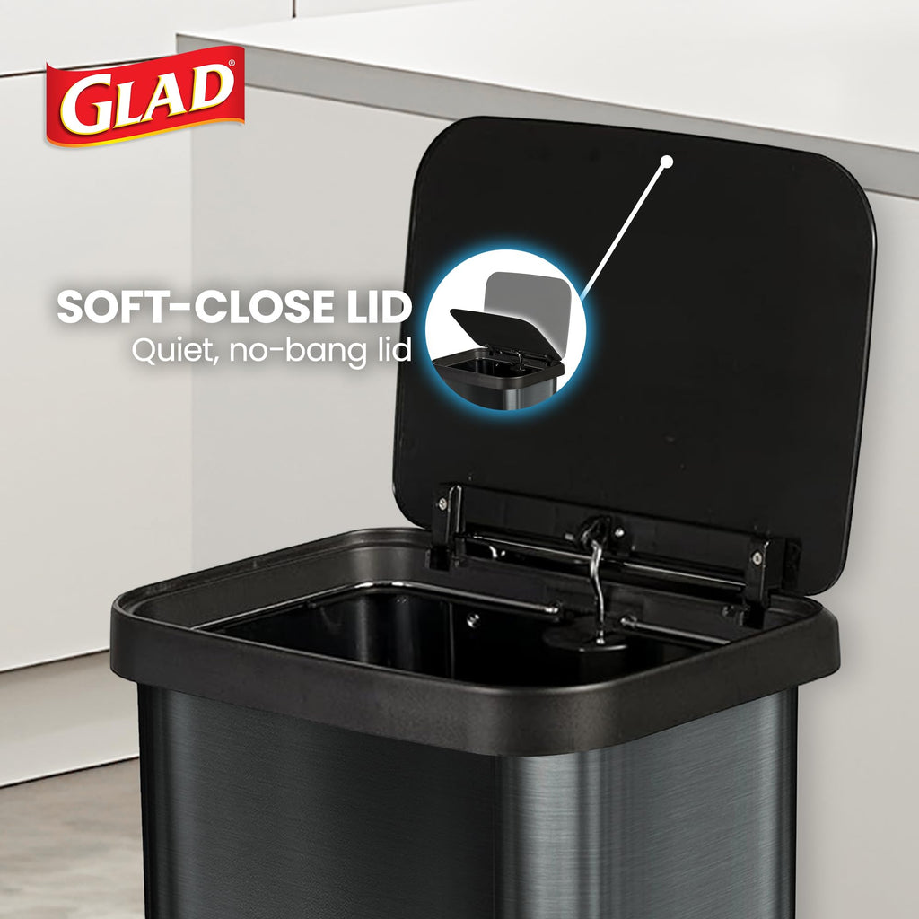 Glad 13 Gallon All Brushed Stainless Steel Trash Can with Clorox Odor Protection | Large Metal Kitchen Garbage Bin with Soft Close Lid, Garbage Bag Rings, Step On Foot Pedal and Waste Bag Roll Holder