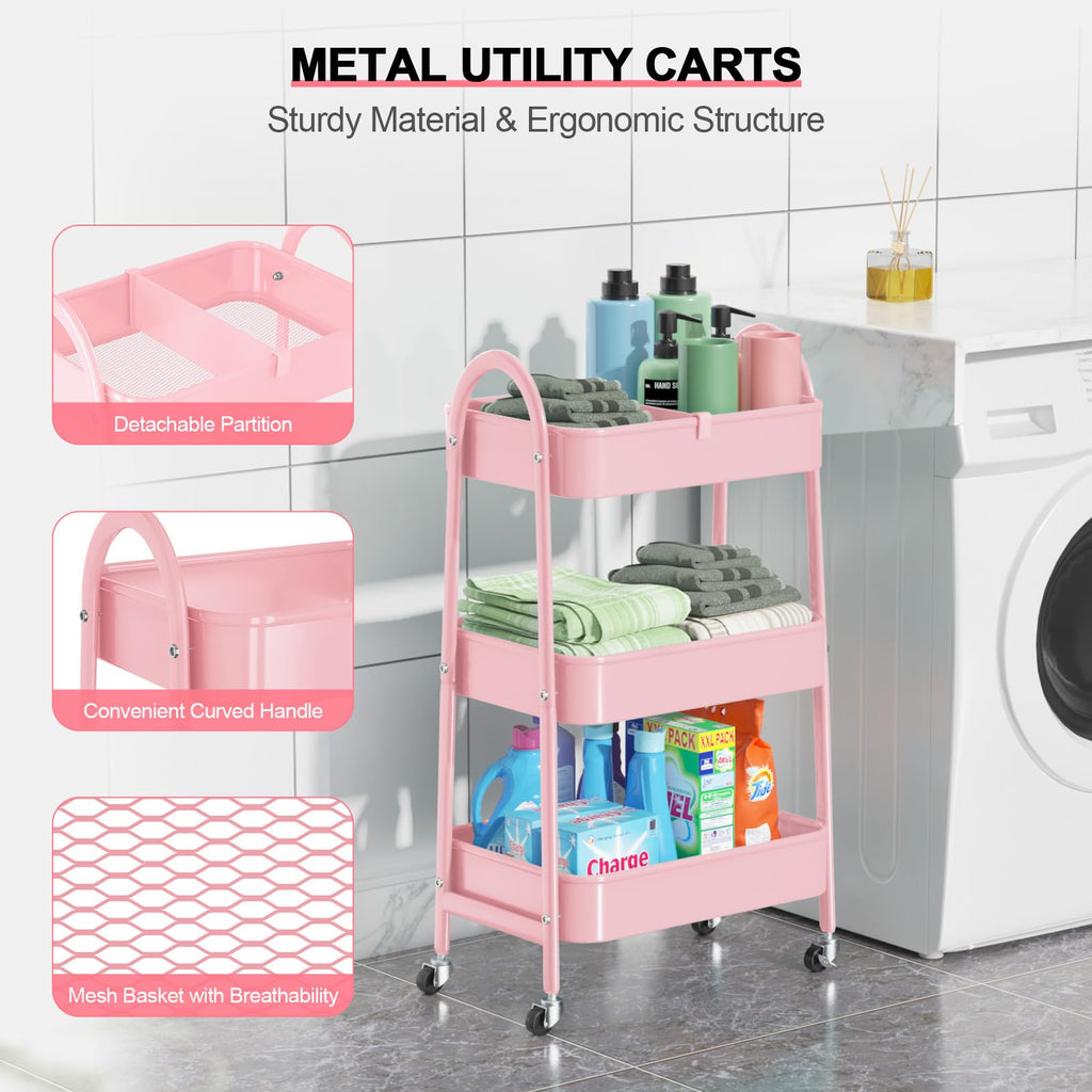 EAGMAK 3 Tier Rolling Cart, Large Metal Storage Cart with Handle and Lockable Wheels, Big Multifunctional Storage Organizer Trolley with Mesh Baskets for Kitchen, Living Room, Office, Garage (Beige)