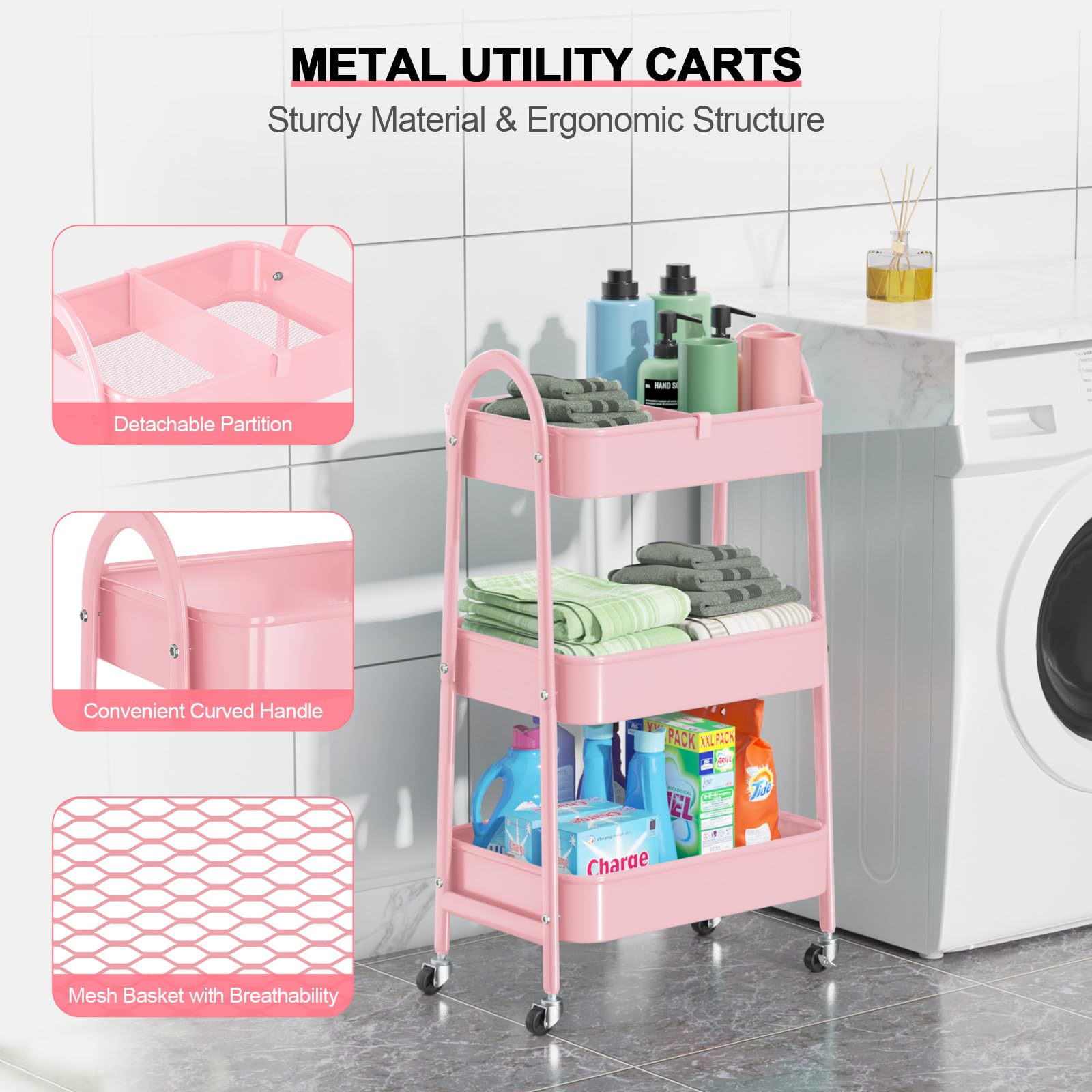 EAGMAK 3 Tier Rolling Cart, Large Metal Storage Cart with Handle and Lockable Wheels, Big Multifunctional Storage Organizer Trolley with Mesh Baskets for Kitchen, Living Room, Office, Garage (Beige)