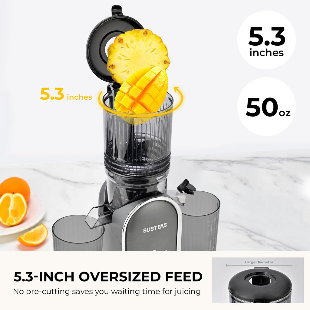 SUSTEAS Cold Press Juicer, 5.3" Feed Chute Slow Masticating Machines with 300W, Fit Whole Fruits & Vegetables, High Juice Yield, Easy to Clean, White