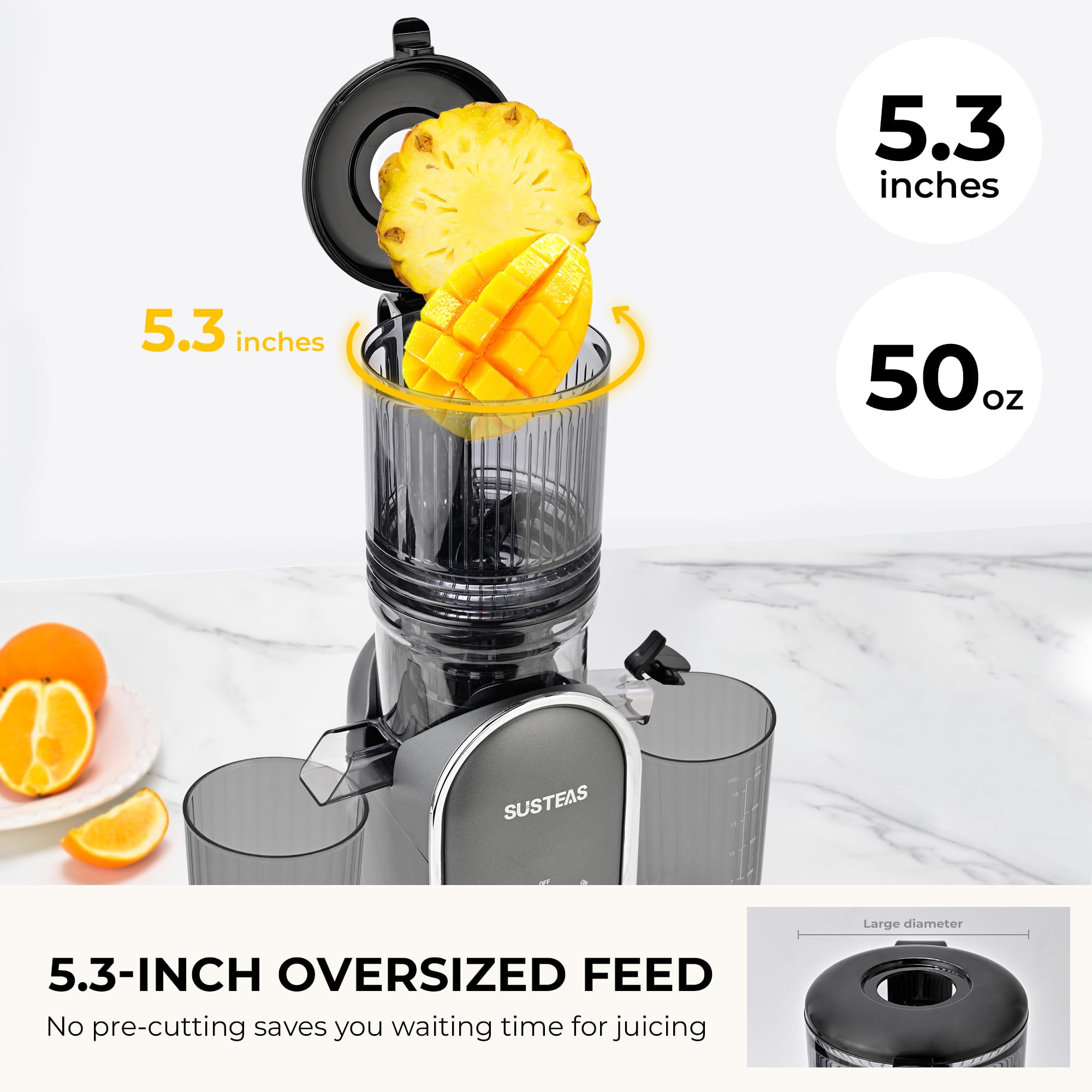 SUSTEAS Cold Press Juicer, 5.3" Feed Chute Slow Masticating Machines with 300W, Fit Whole Fruits & Vegetables, High Juice Yield, Easy to Clean, White