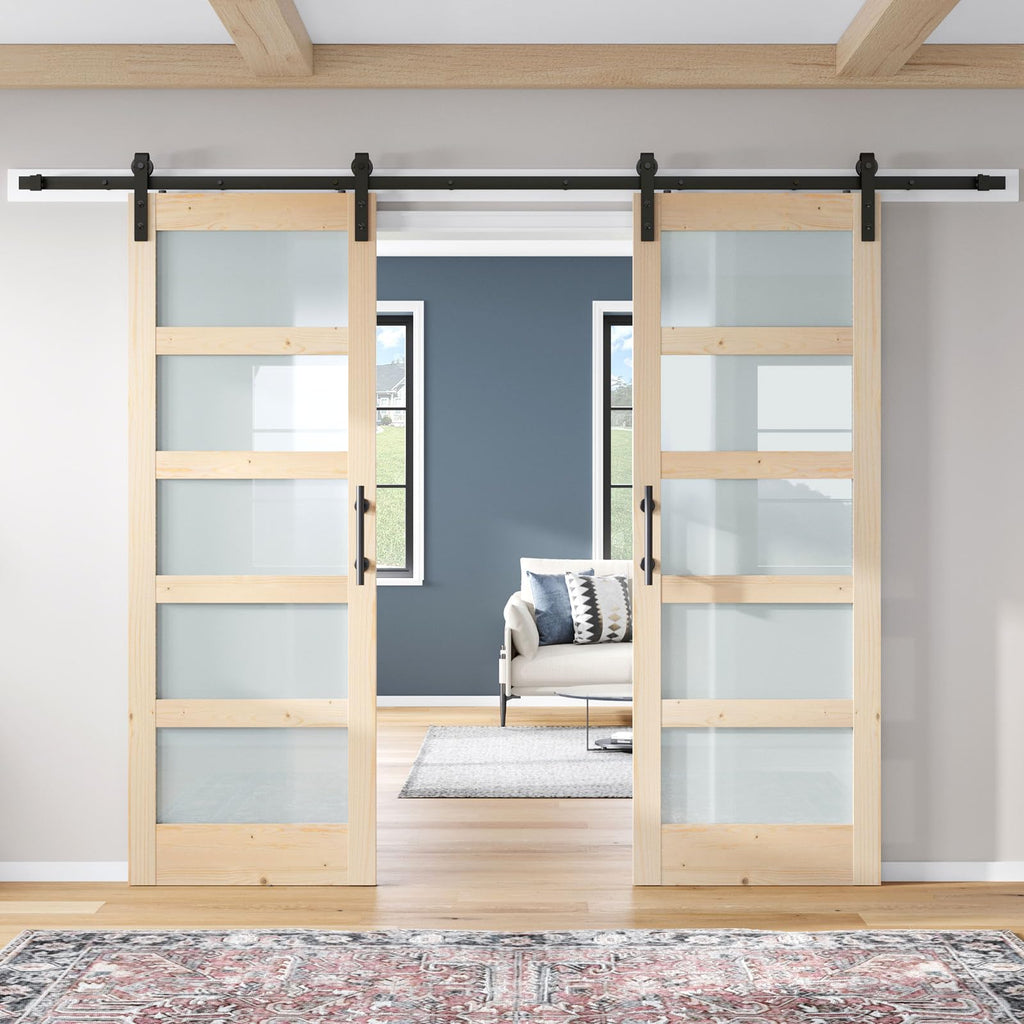 Double 18×84 inch Glass Sliding Barn Door Slab with 6.6ft Hardware Kit Included, 5-Panel Frosted Glass, Spruce Wood Support DIY Dyeing, Easy Assembly