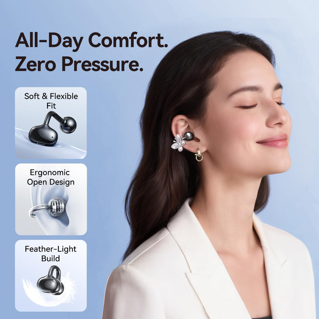Kinglucky Jewelry-Inspired Clip-On Earbuds with Butterfly Earrings, Comfortable Fit & 40H Playtime Open Ear Bluetooth 5.4 Wireless Headphones for Women, Small Ears, Sports & Workouts (Black)