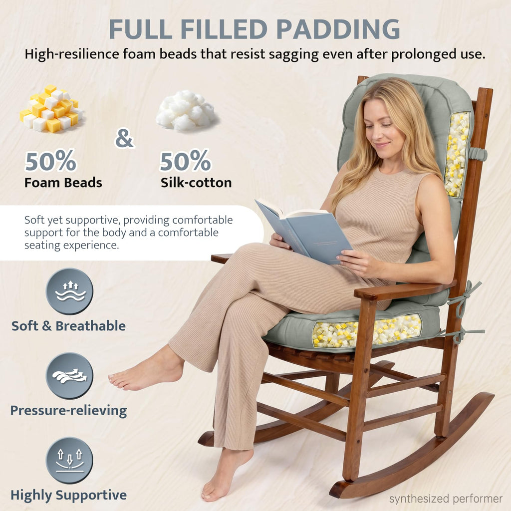 mudilun Rocking Chair Cushion - Non-Slip Tufted 4-Inch Thickened Rocking Chair Cushions with Ties Indoor/Outdoor Wooden Rocking Chair Pad for Living Rooms, Bedrooms, and Balconies