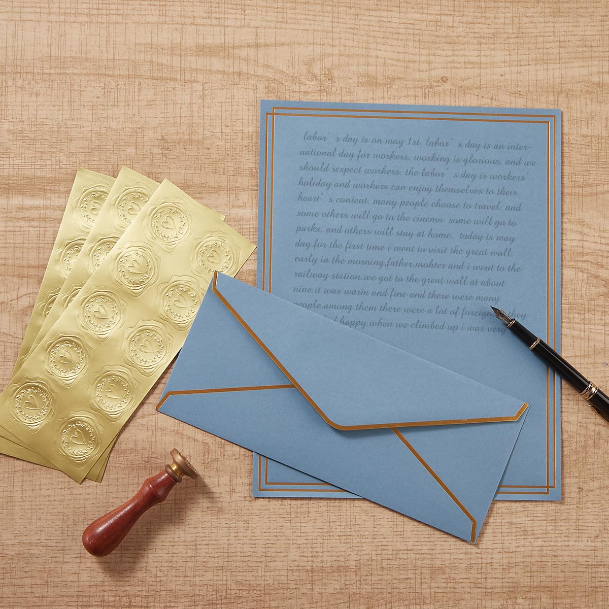 50 Pack Stationery Set with Envelopes, Cream Color, 8.5x11 Inches | Gold Border, #10 Business Envelopes and 8.5x11 Paper Sheets, Stickers for Letter Writing, Invitations
