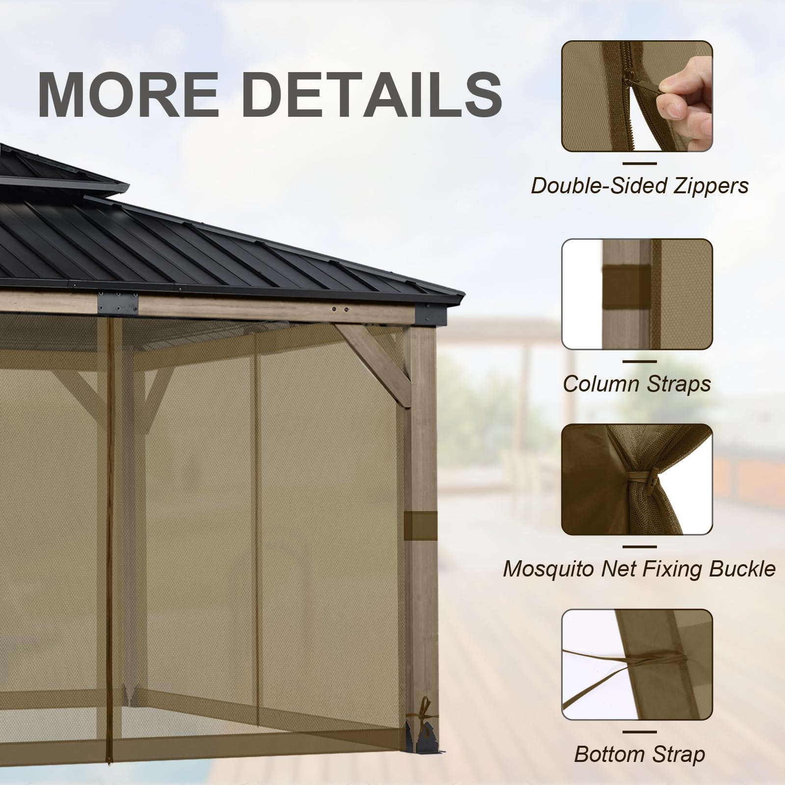 BPS 10' x 10' Gazebo Universal Mosquito Netting Screen Replacement, 4-Panel Mesh Screen Walls with Double Zippers for Outdoor Patio, Khaki (Mosquito Net Only)