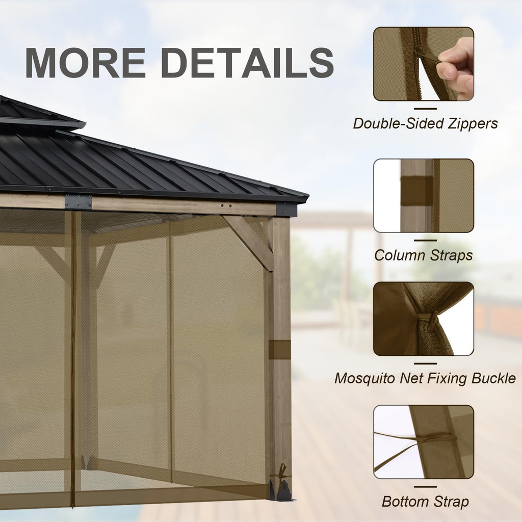 BPS 10' x 10' Gazebo Universal Mosquito Netting Screen Replacement, 4-Panel Mesh Screen Walls with Double Zippers for Outdoor Patio, Khaki (Mosquito Net Only)