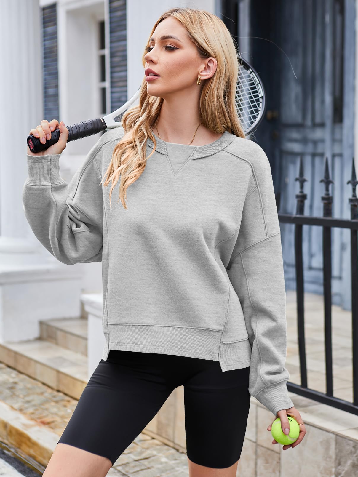 MEROKEETY Women's Oversized Cropped Sweatshirts Crewneck Trendy Workout Pullover Sweater Fall Outfits