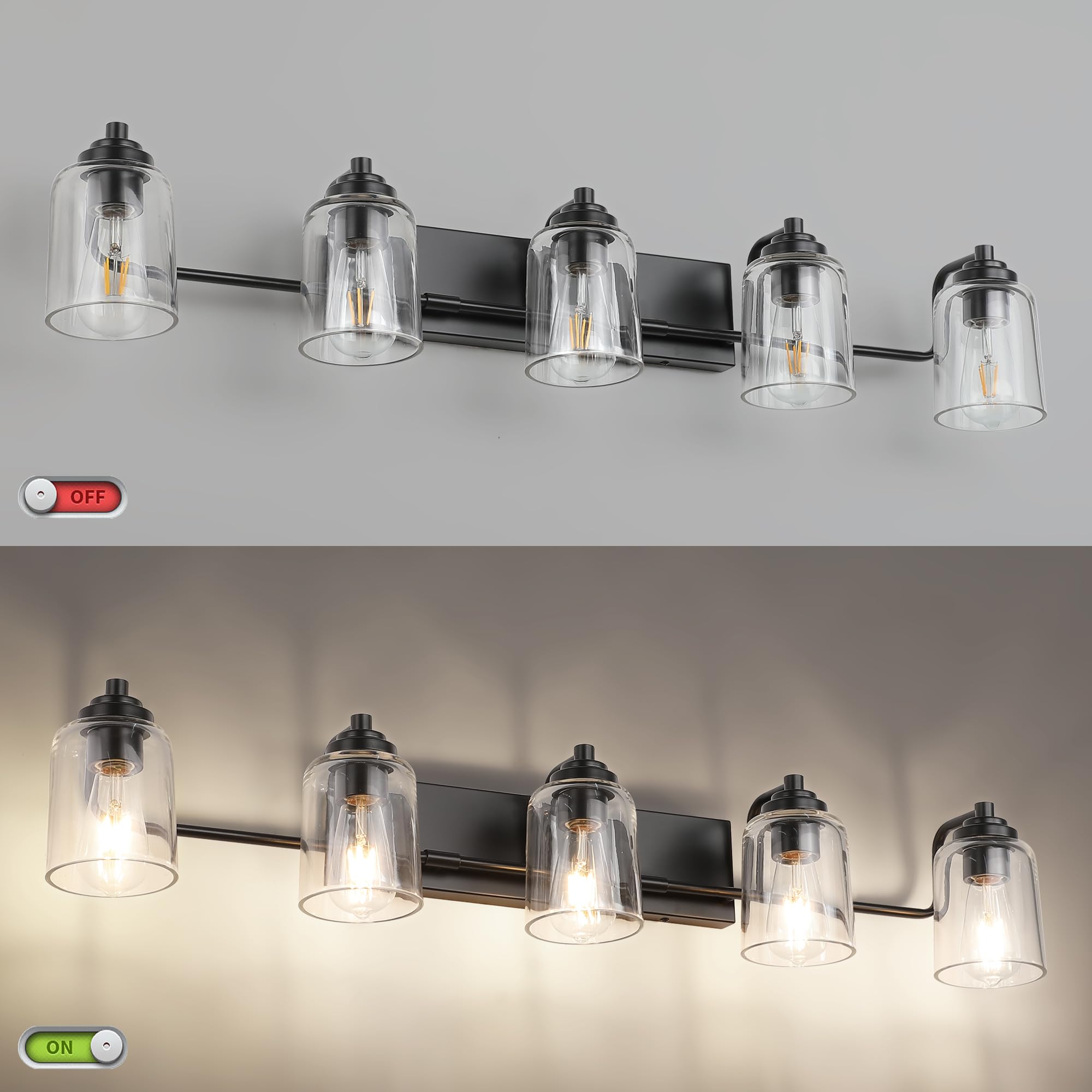 SOLFART 20.1 Inch Black Vintage Bathroom Vanity Light Fixtures Fixtures with Modern Glass Globe Shade Metal Brass Wall Lamp 2 Lights