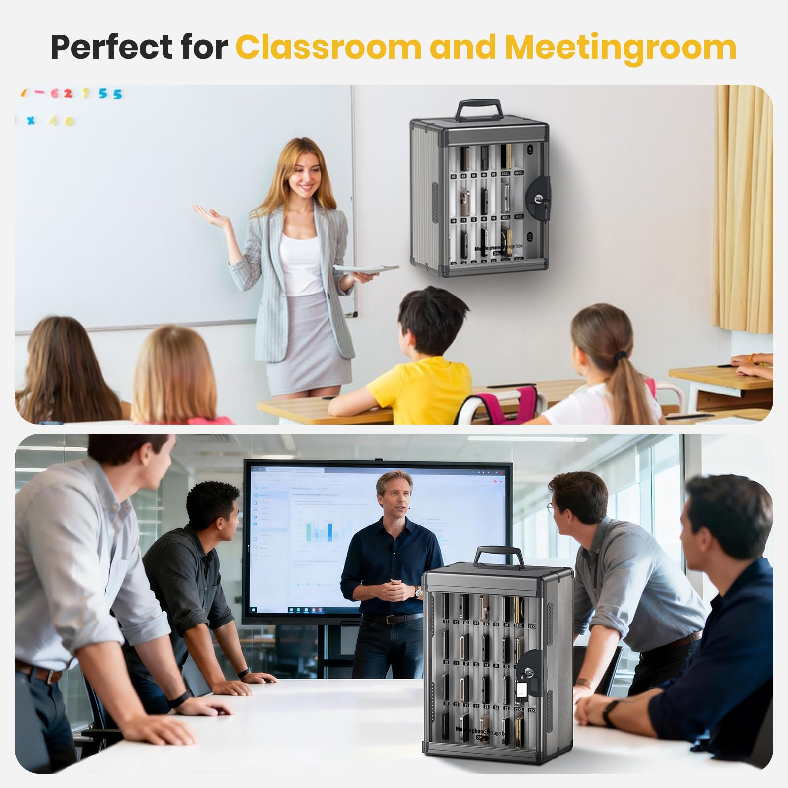 Glosen Cell Phone Locker 24 Slots, Portable Phone Storage Cabinet [Wall Mounted] [Silver 24 Slots-Universal Key ] Aluminum Alloy Cellphone Lock Box with Key & Handle for School Classroom Office Exam