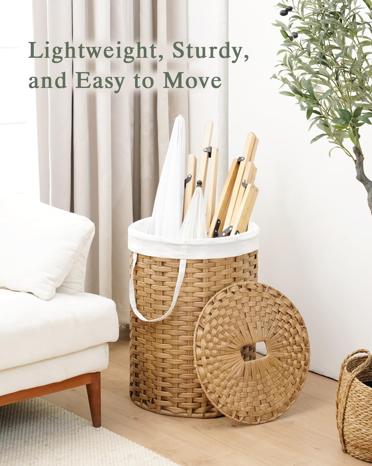 SETVSON Laundry Hamper with Lid Laundry Basket with Lid 19.0 Gal (72 L) Round Wicker Laundry Basket Handwoven Rattan Basket with Lid Removable Bag 2 Mesh Bags Handles for Living Room Bathroom Black