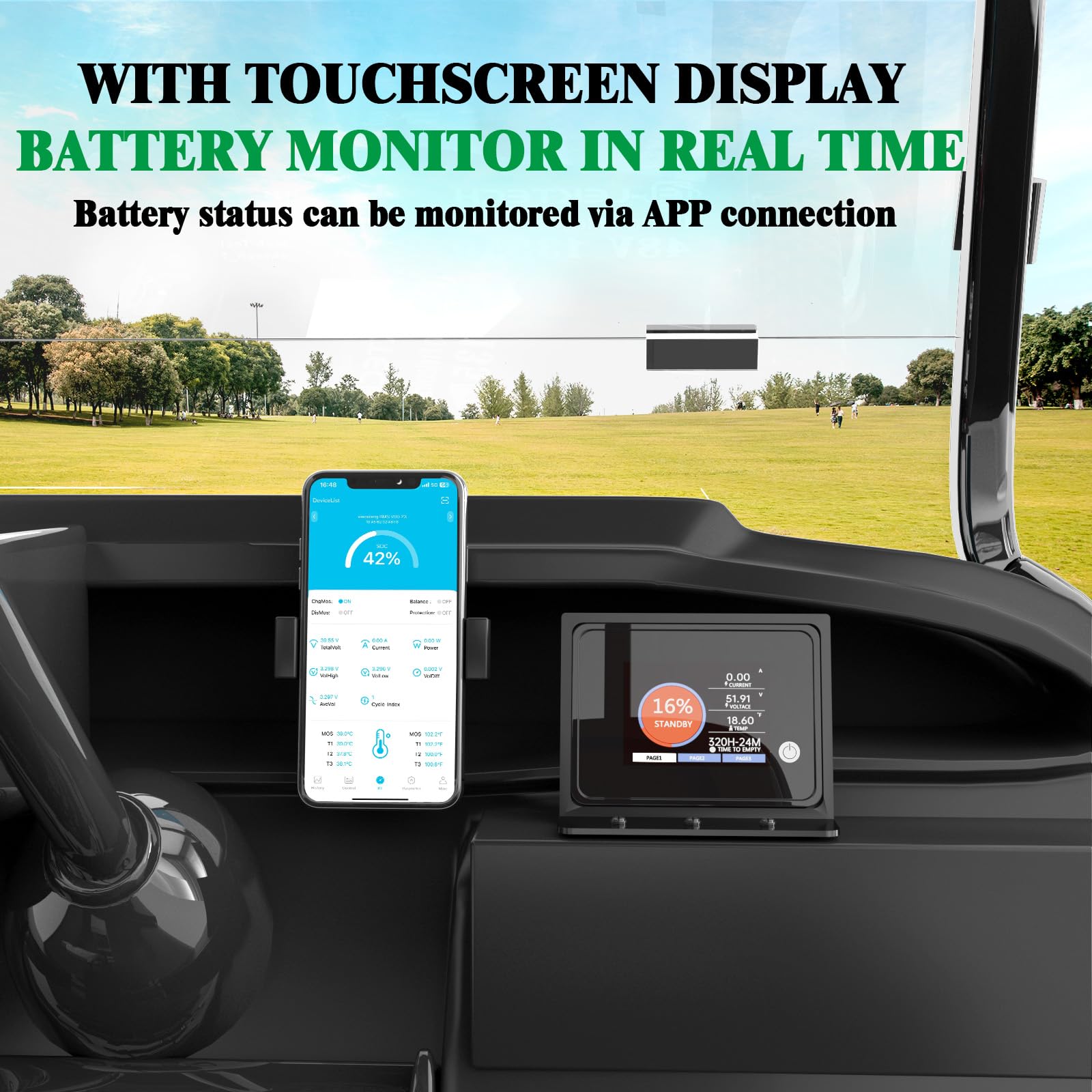 36V 100Ah LiFePO4 Lithium Golf Cart Battery with Charger, Built-in Smart 200A BMS, with Touch Monitor, Perfect for Golf Carts, Off-grid
