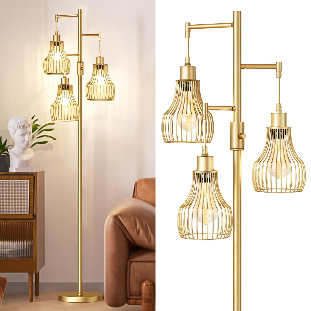 Ziisee Dimmable Floor Lamps for Living Room, Industrial Tree Standing Tall Lamps with 3 Elegant Cage Shade & 800 Lumens LED Bulbs for Bedroom Office - Brown