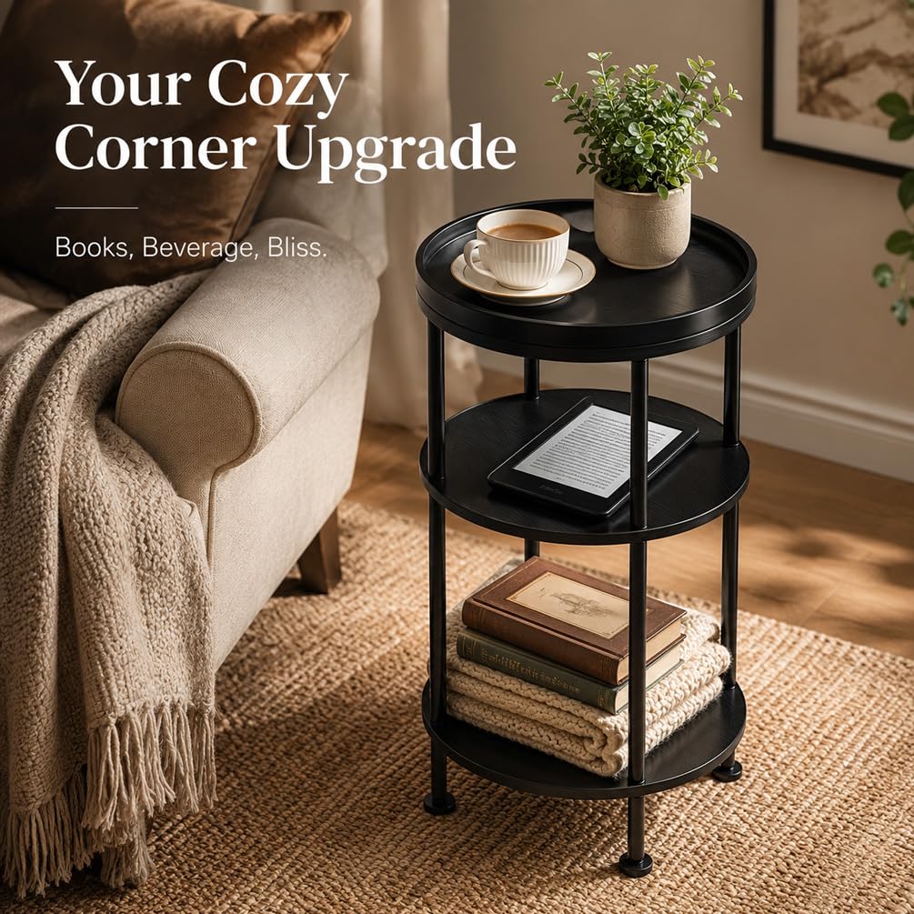 Small Round Side Table with Charging Station for Small Spaces, 3-Tier Accent Table with USB Ports & Power Outlets, Sofa Corner Tea Table for Living Room Nightstand Bedroom Apartment (Black)