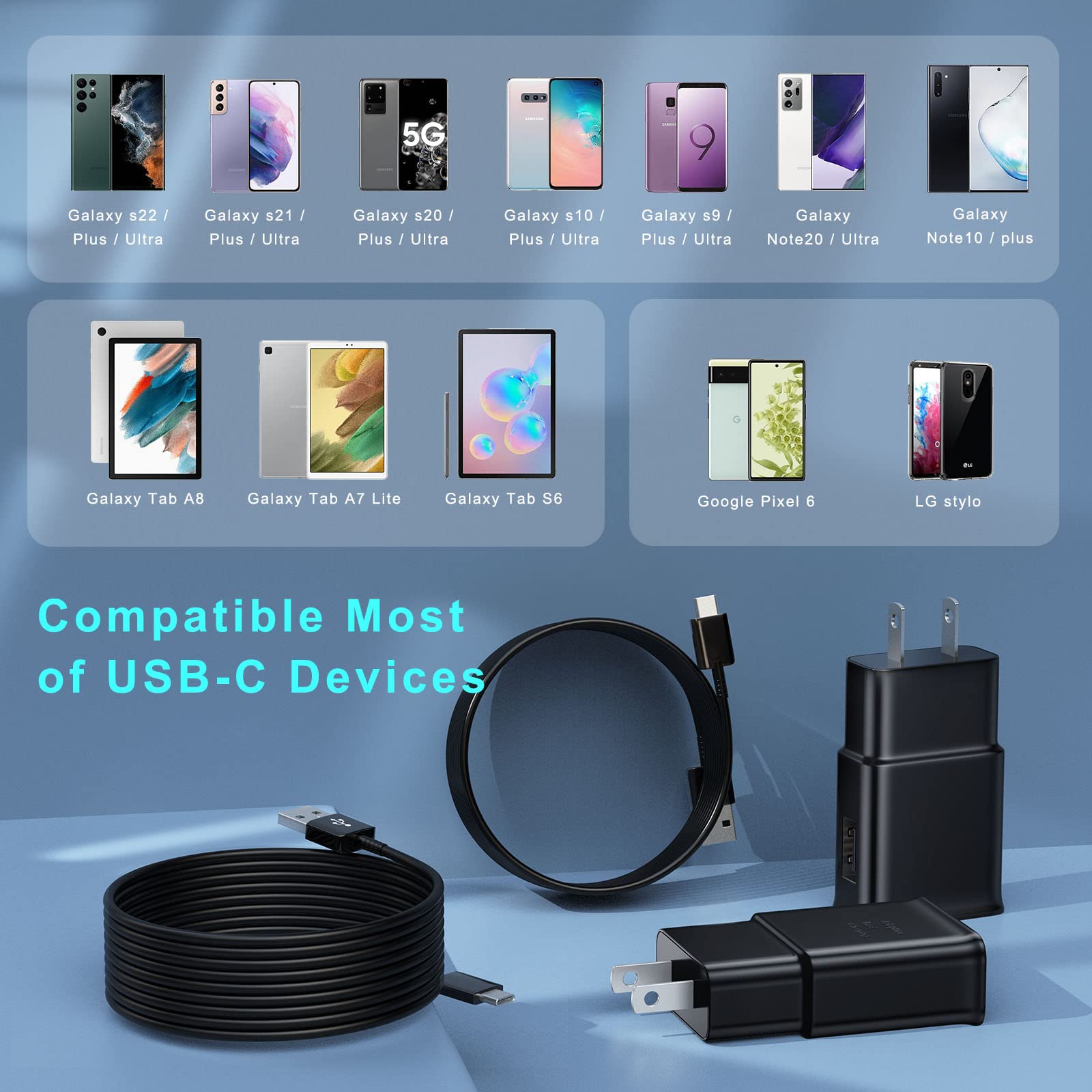 Type C Charger Android Phone Charger Cable Fast Charging with 6.6FT USB C Cord for Samsung Galaxy S10/S10e/S10+/S9/S9+/S8/S8+/S23/S22/S21 Ultra/S20/Note 20/Note 10/Note 9/8/Z Flip 3/A03s/A02s, 2Pack