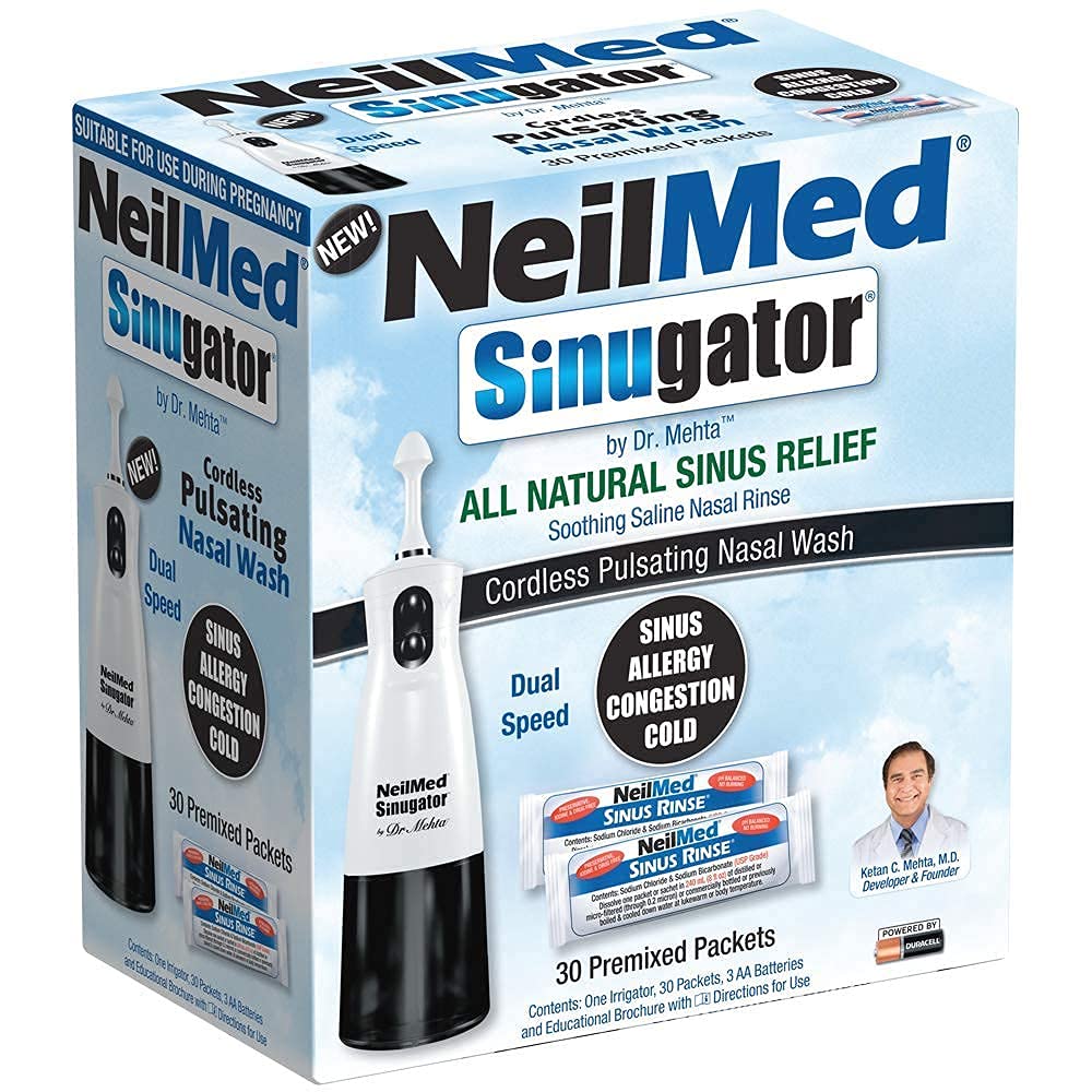 NeilMed Sinugator Cordless Pulsating Nasal Wash Kit with One Irrigator, 30 Premixed Packets and 3 AA Batteries(Pack of 1)
