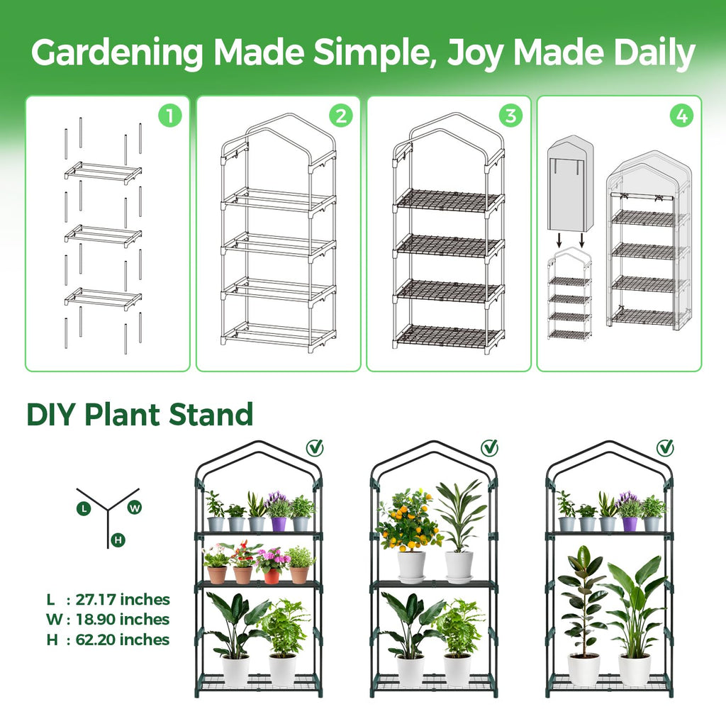 Mini Greenhouse with Screen Roof, Ohuhu Upgraded Portable 4 Tier Small Greenhouses for Outdoors Indoor with Reelable Door, Heavy Duty Plastic Green House for Outside Garden Patio Yard Porch Balcony