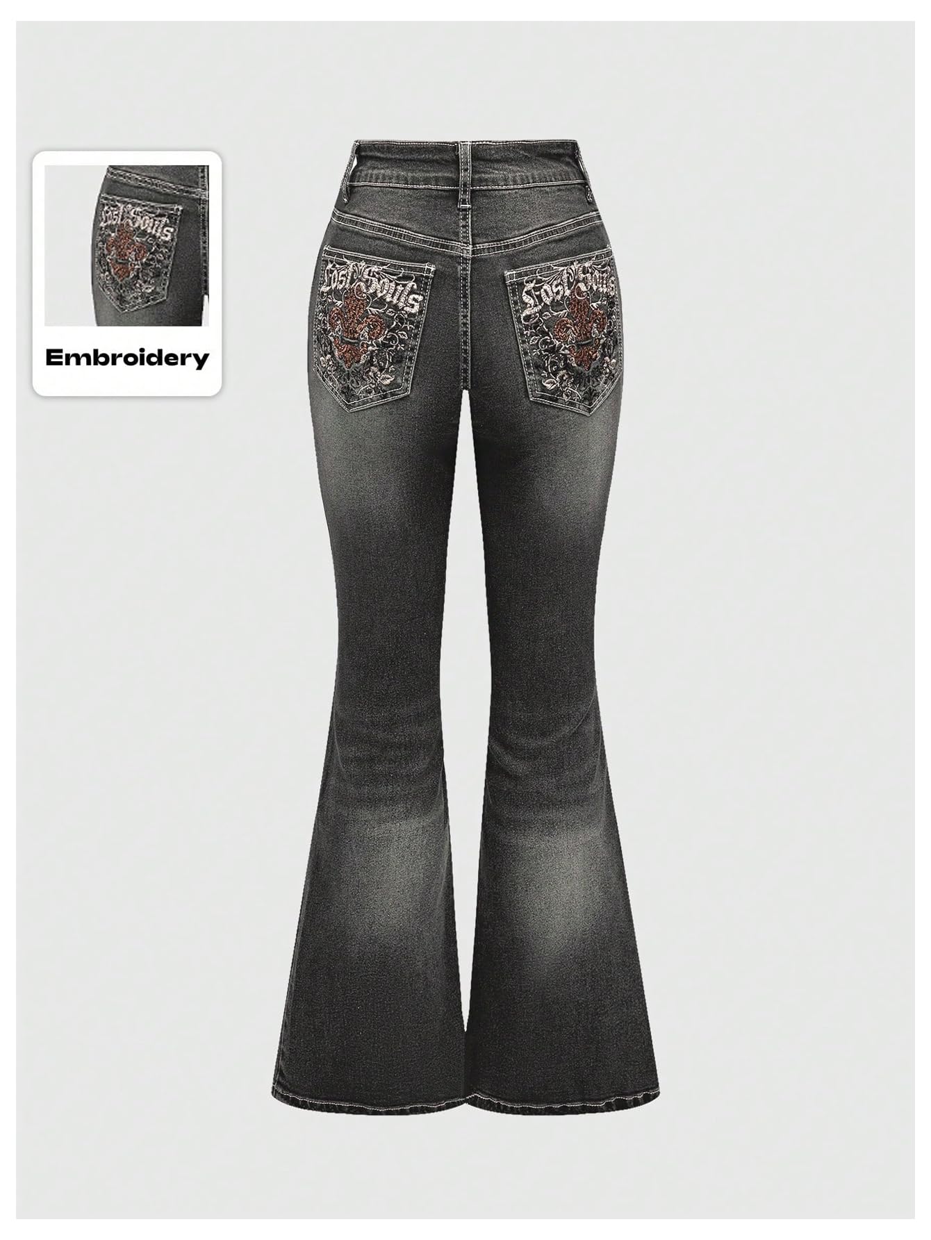 MakeMeChic Women's Bell Bottom Jeans Stretchy Flared Jeans Embroidered Y2K High Waist Denim Pants