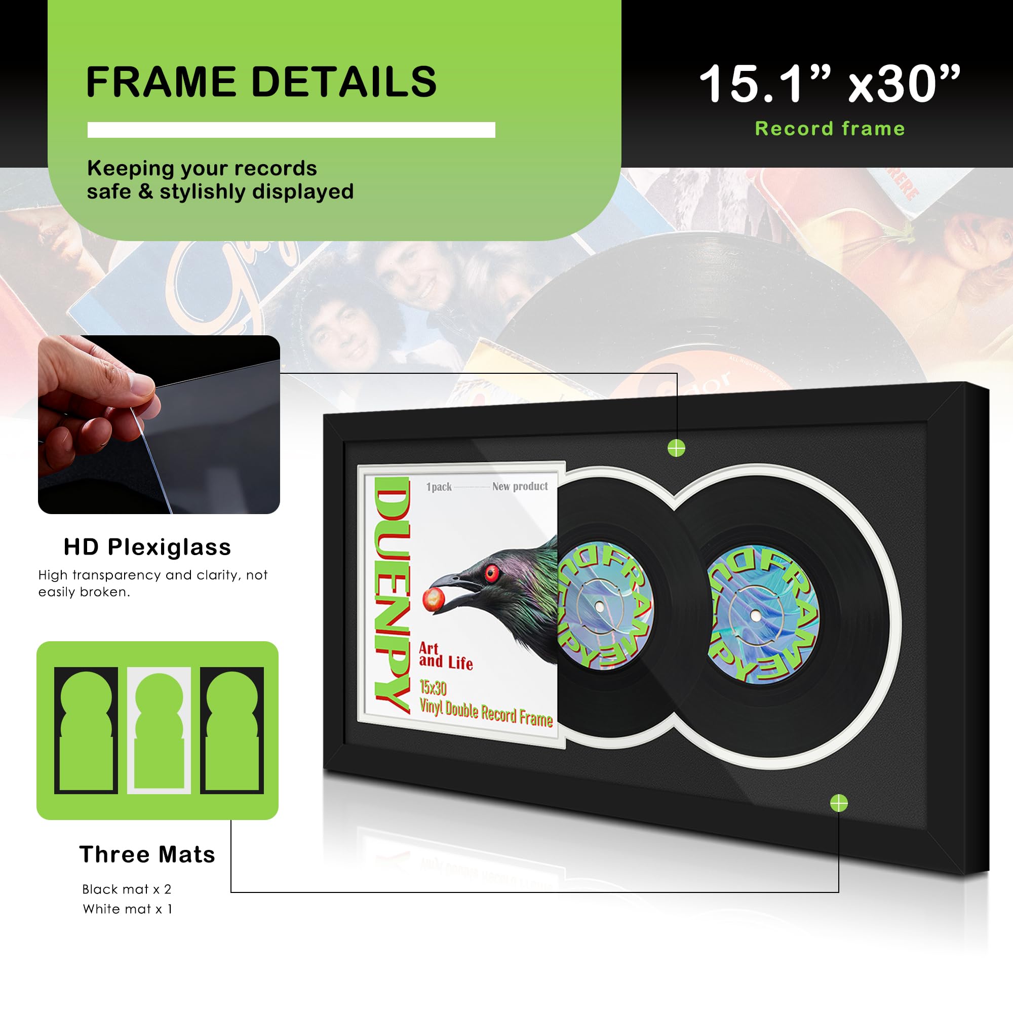 DUENPY Vinyl Record Display Frame 16x22 Inches Display Record Album and 12.5x12.5 Album Cover Art（Black Bottom Mat） Wall Mount