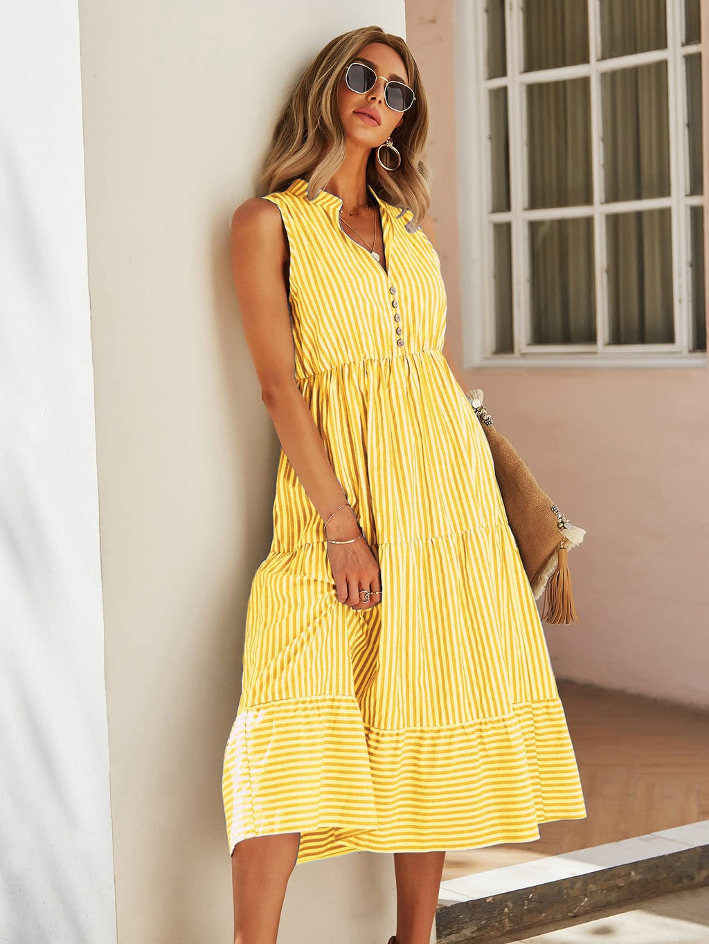 Floerns Women's Striped Print Notched Neck Sleeveless Ruffle A Line Midi Dress