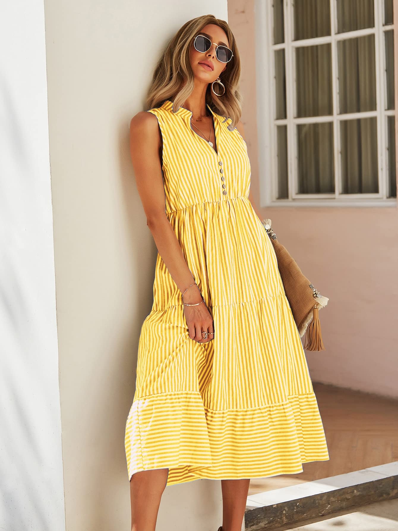Floerns Women's Striped Print Notched Neck Sleeveless Ruffle A Line Midi Dress