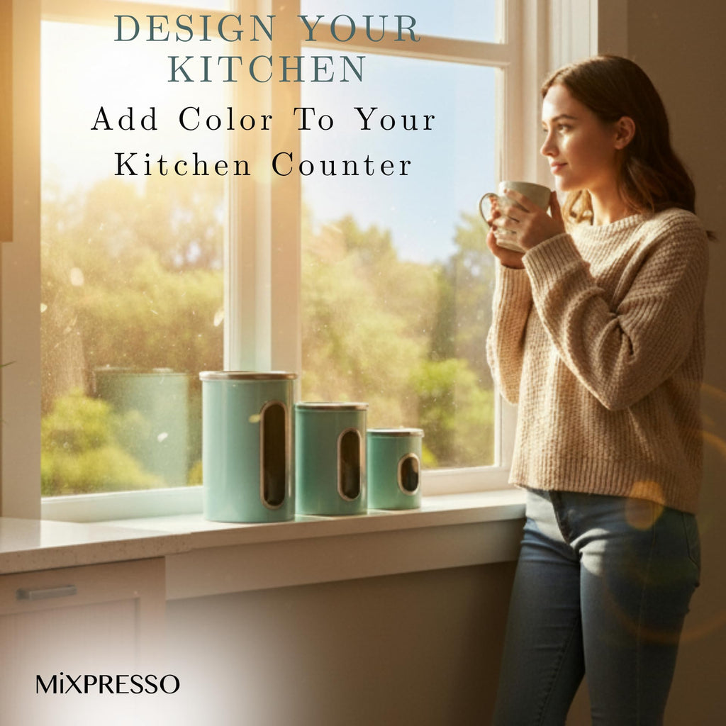 Mixpresso 3-Piece Aqua Blue Canisters Sets For The Kitchen, Airtight Canister Set With See Through Window, Storage Jars for Coffee Container, Tea Organizer & Sugar Canister, Kitchen Canisters