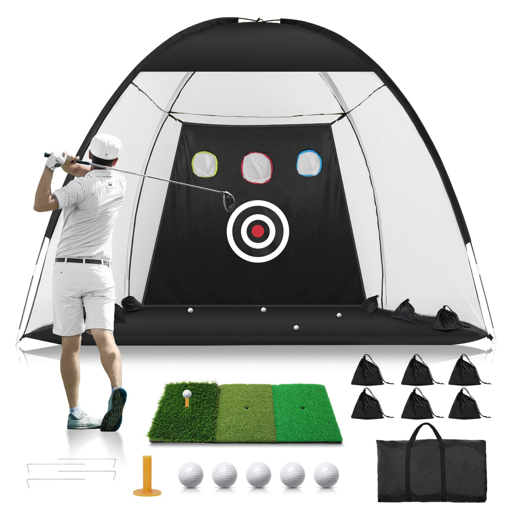 Golf Net: 10x7FT Golf Practice Net for Backyard Driving, Hitting Net with Tri-Turf Mat, Indoor Training Chipping Aid Nets with Reduce Noise Nylon Target, Gifts for Men/Dad/Him