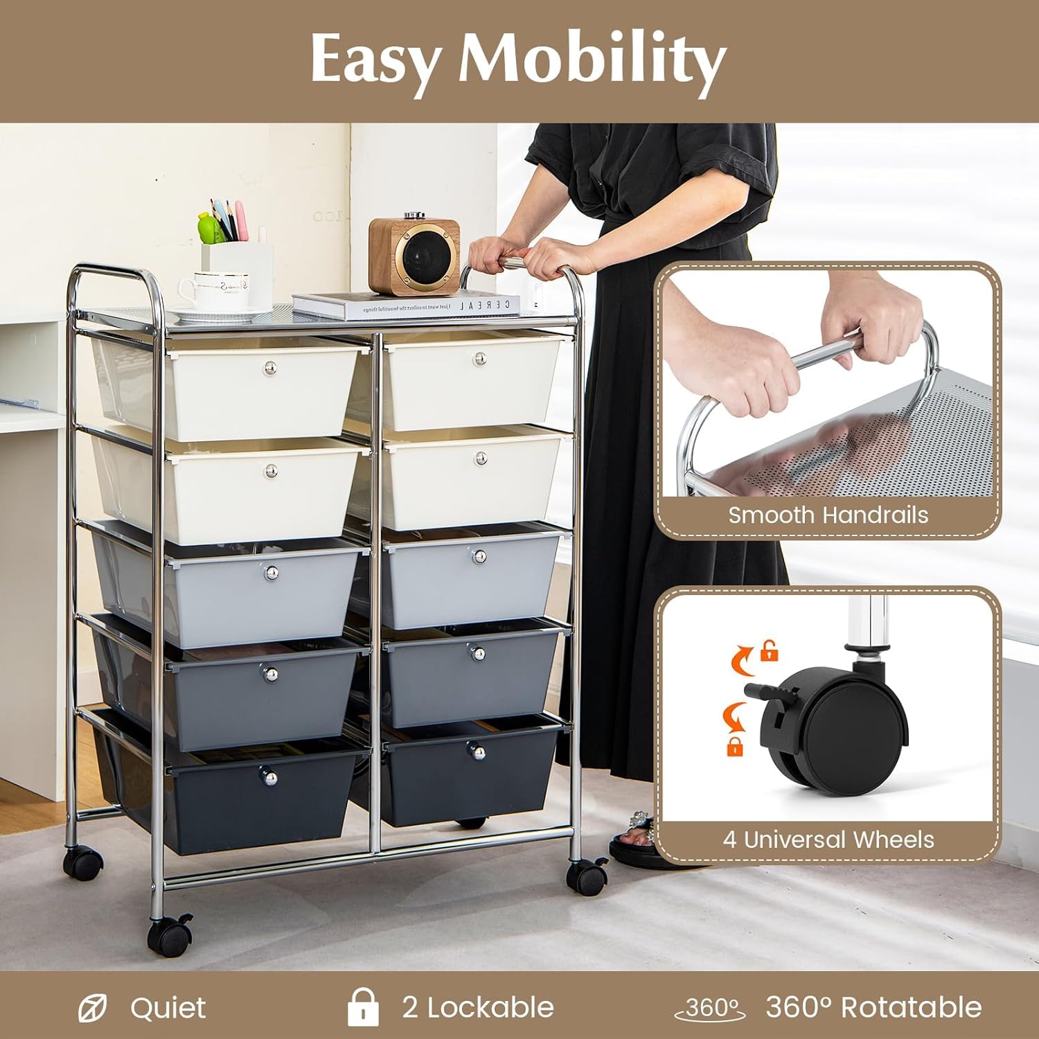 LDAILY 9 Drawer Rolling Storage Cart, Rolling Cart with Drawers for Classroom, Art Supply Craft Organizer on Wheel with Metal Frame & Handles for Home Office School