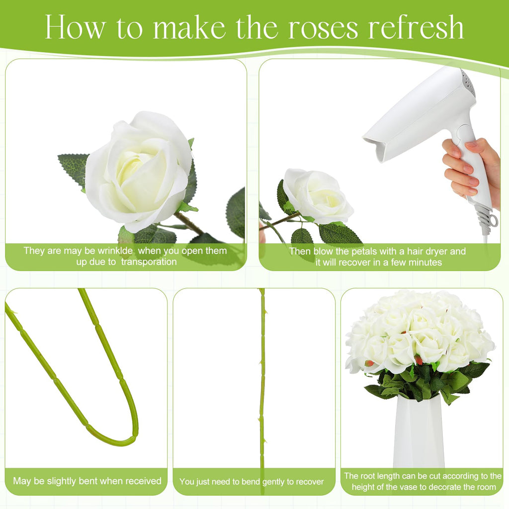 Jexine 100 Pieces Artificial Roses Flowers Bulk, Long Stem Realistic Fake Silk Roses Bouquet for Table Centerpiece Vases Wedding Party Kitchen Decor(Beige)