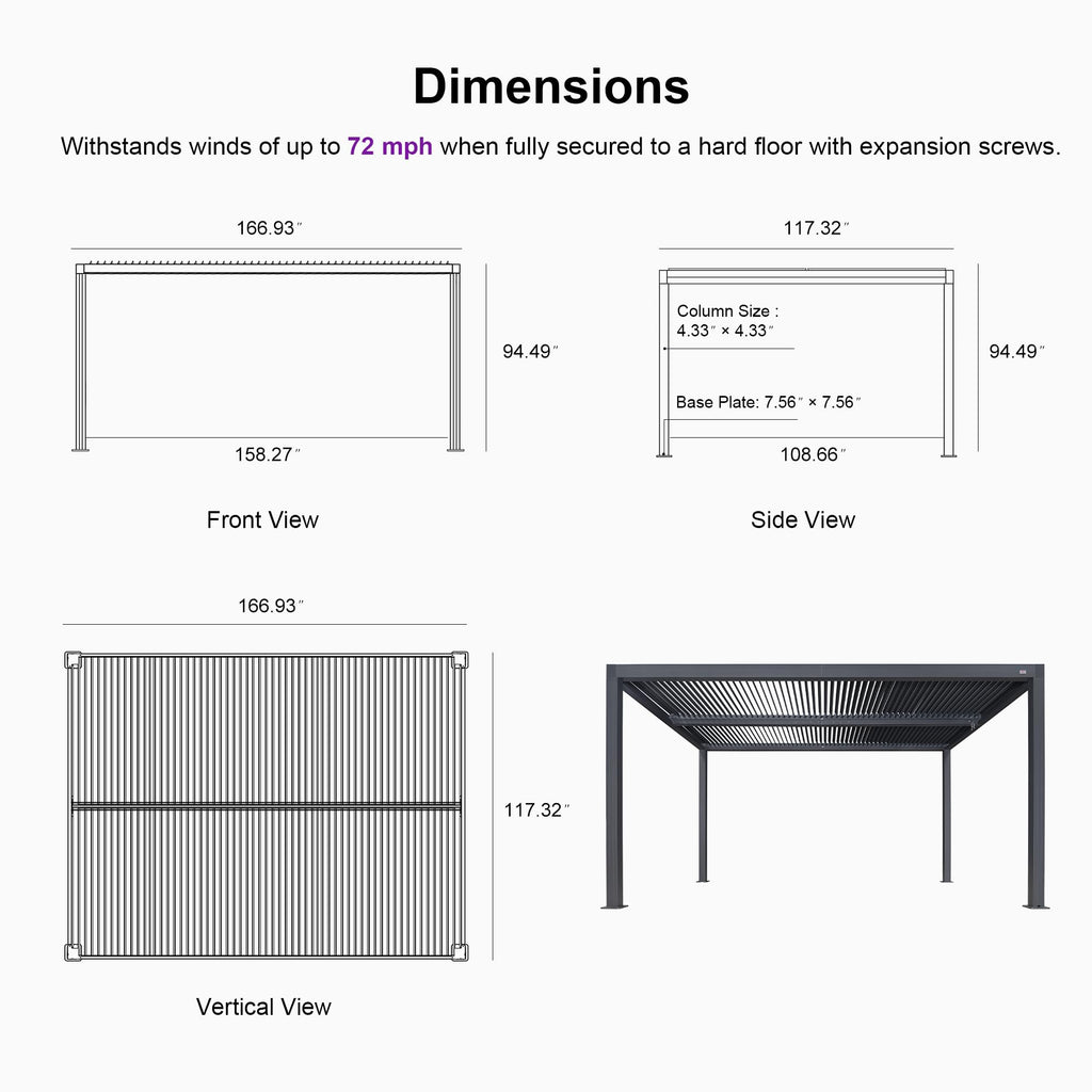 PURPLE LEAF 94AS 10'x12' Small Pergola Compact Aluminum Gazebo with Adjustable Louvered Hardtop for Patio Deck Cover Dark Gray All-Weather Outdoor