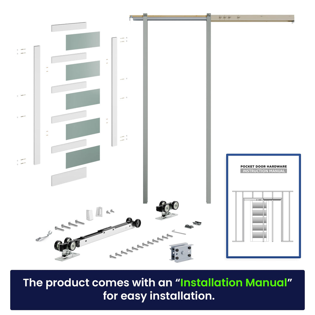 Sliding Pocket Door 24" x 80", 5-Panel Frosted Glass Panel with Soft Close Pocket Door Frame Kit, Interior & Closet Pre-Assembled Door Slab, White Primed