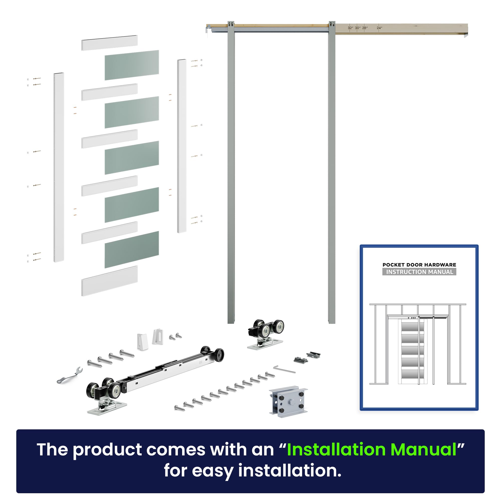 Sliding Pocket Door 24" x 80", 5-Panel Frosted Glass Panel with Soft Close Pocket Door Frame Kit, Interior & Closet Pre-Assembled Door Slab, White Primed