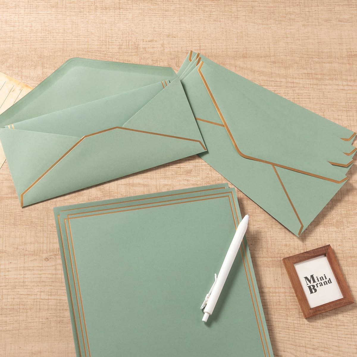 50 Pack Stationery Set with Envelopes, Cream Color, 8.5x11 Inches | Gold Border, #10 Business Envelopes and 8.5x11 Paper Sheets, Stickers for Letter Writing, Invitations