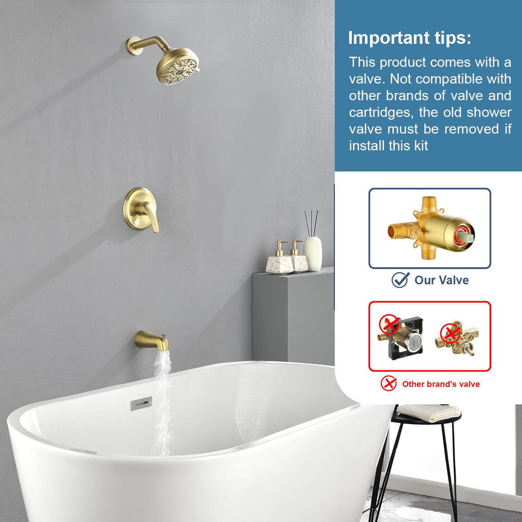 Shower Tub Kit Tub Shower Faucet Combo Set Bathtub Faucet Set Shower System with Tub Spout Shower Valve and Trim Kit Shower Fixtures Brushed Gold