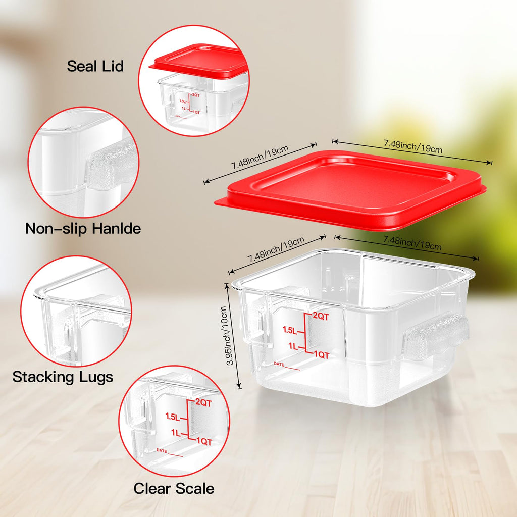 6 pcs 2qt Food Storage Containers with Lid, Square Clear Commercial Storage Containers with Handle and Scale for Food Storage in Home Kitchen & Dining (Green)