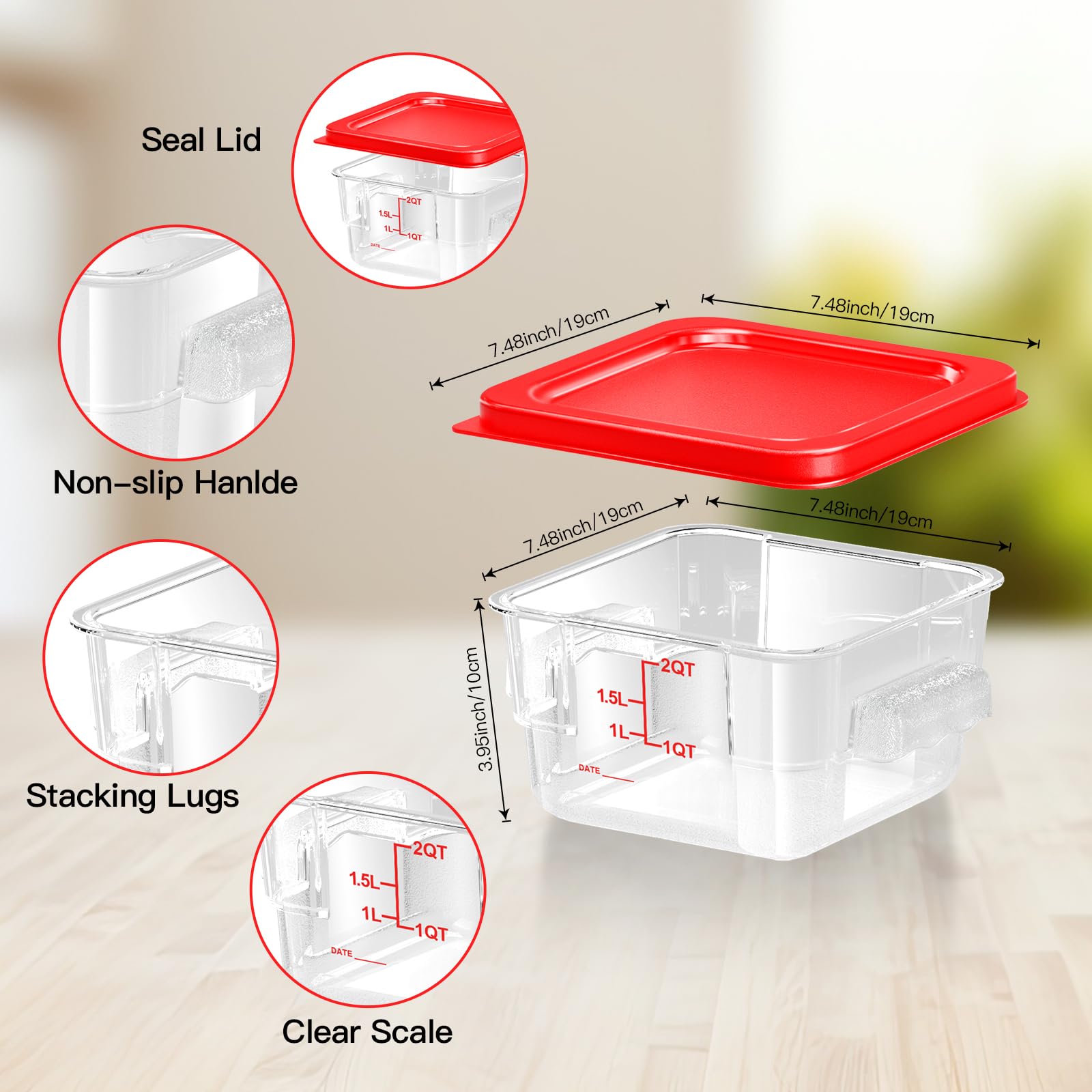 6 pcs 2qt Food Storage Containers with Lid, Square Clear Commercial Storage Containers with Handle and Scale for Food Storage in Home Kitchen & Dining (Green)