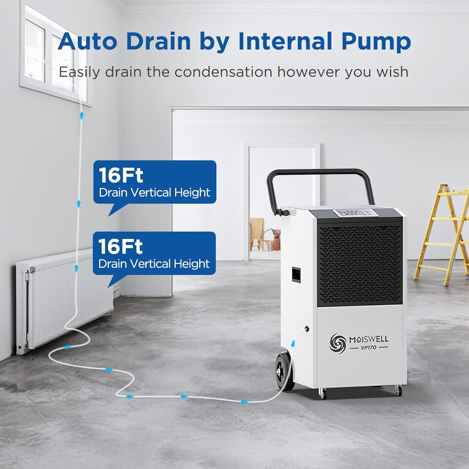 170 Pints Commercial Dehumidifier with Pump and Drain Hose for Basements and Large Spaces up to 7,500 Sq Ft