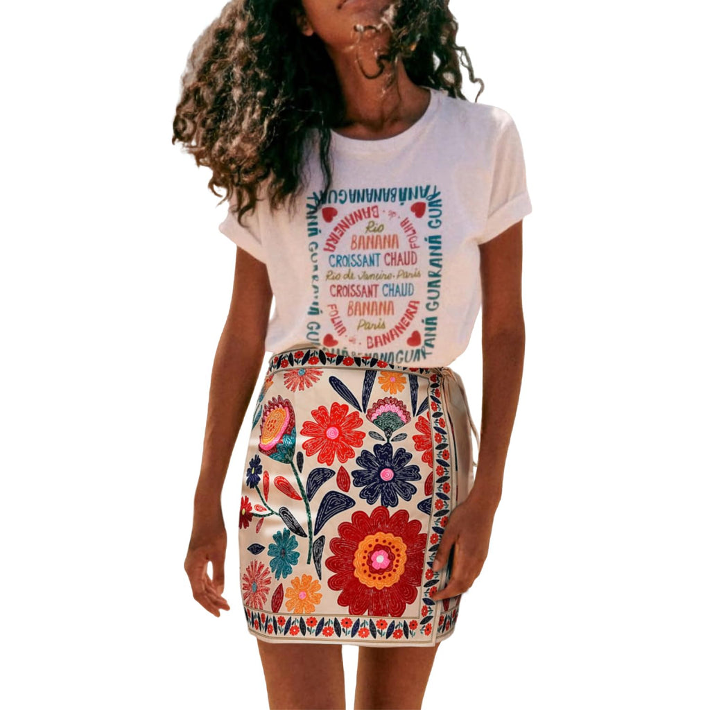 Womens Summer Floral Wrap Short Skirt Tie Side High Waist A Line Beach Vacation Boho Mini Skirt