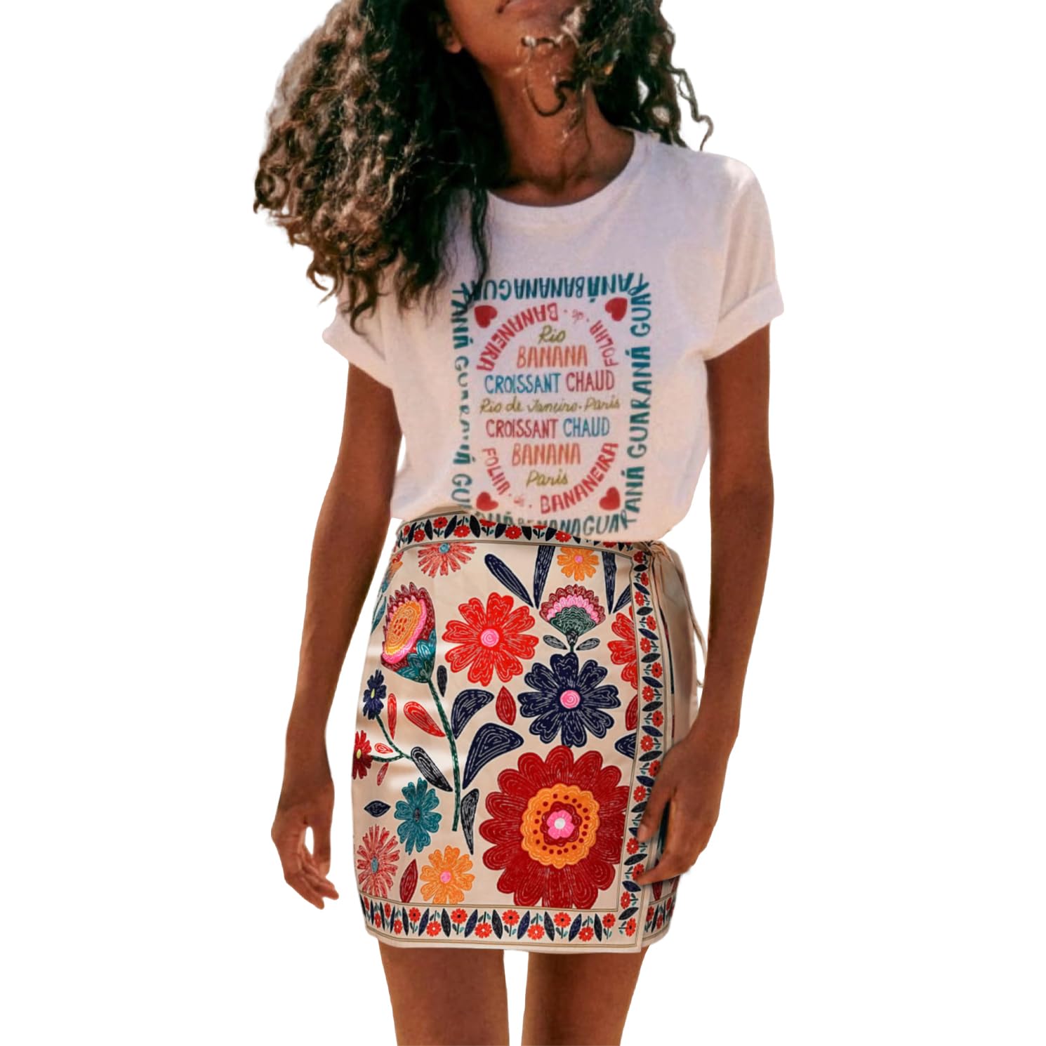 Womens Summer Floral Wrap Short Skirt Tie Side High Waist A Line Beach Vacation Boho Mini Skirt