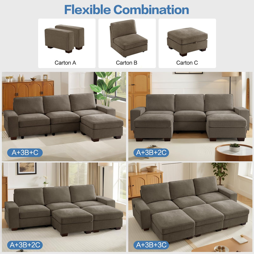 TEKAMON 100" Modular Sectional Sofa with Seats Storage, L Shaped Couch with Movable Ottoman for Living Room, Couch with Chaise, Solid Wood Frame, Spring Cushions, USB Port, Removable Covers, Beige